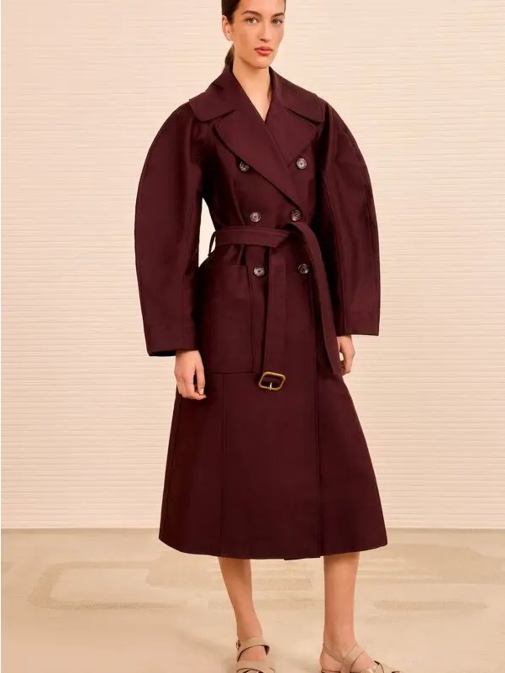 Ulla Johnson Burgundy Double-Breasted Trench with Puff Sleeves